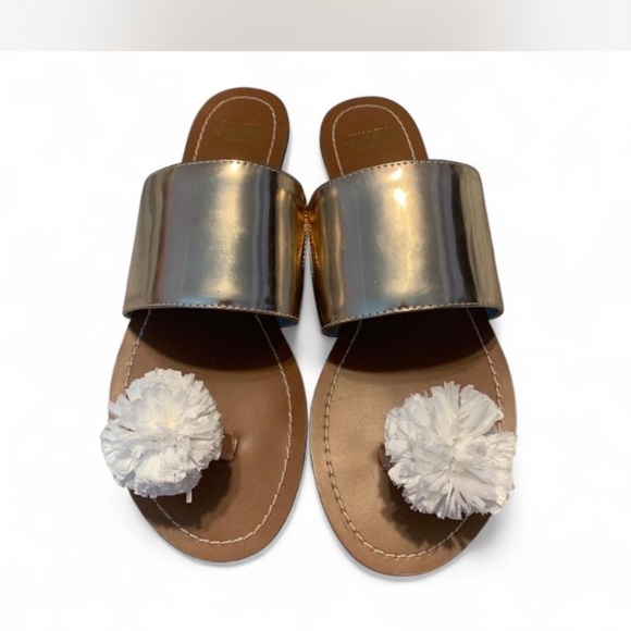 Frances Valentine Metallic gold Slide Sandals rafia White Pom Poms clementine 7 - Picture 1 of 5